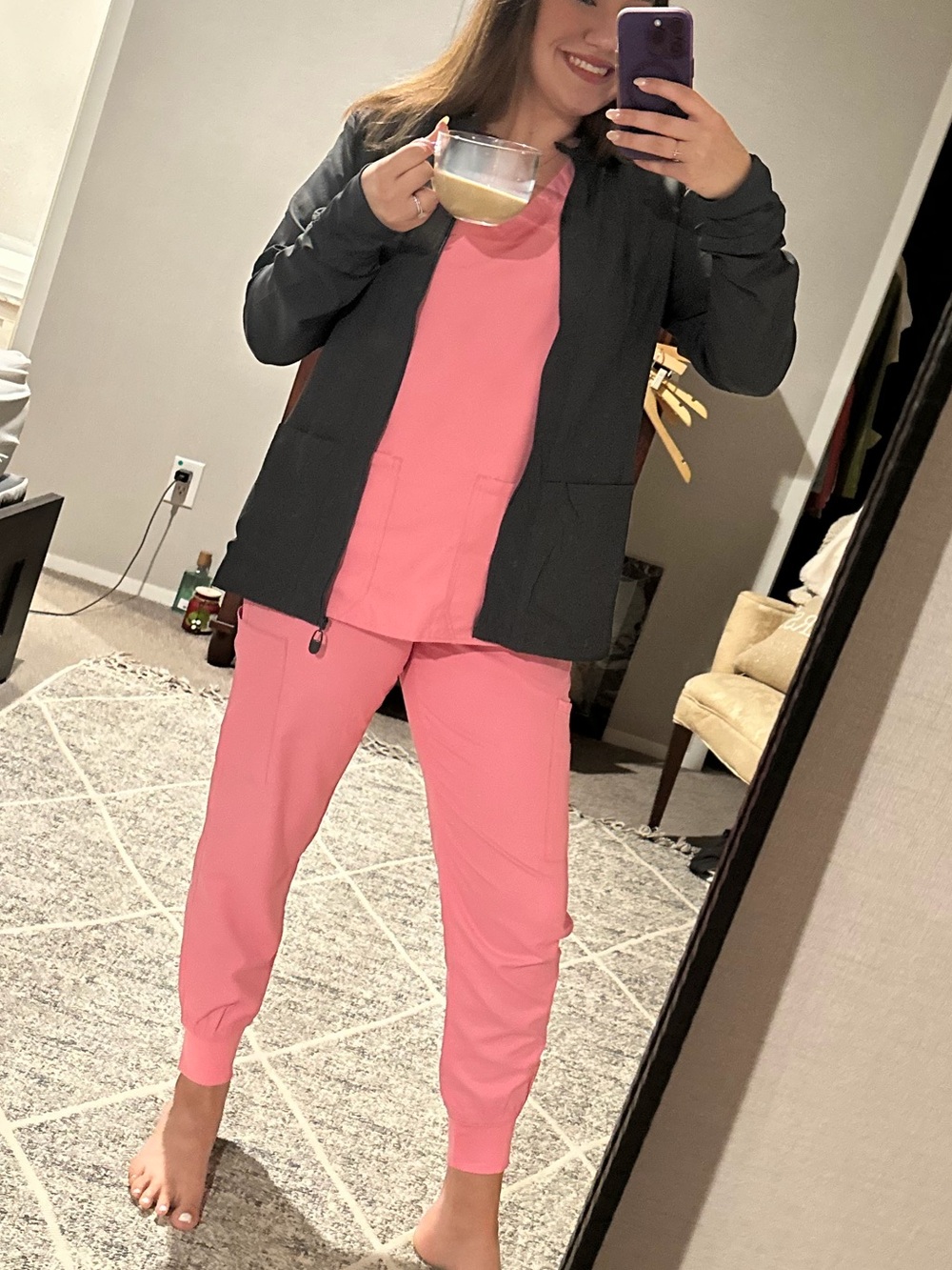 Med Couture Pink Scrub Jogger Set with Black Jacket